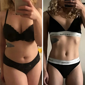 Mujer de perfil mostrando resultados antes y después en abdomen y cintura tras usar Vibro Sculpt